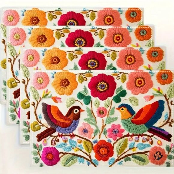 Colorful Bird and Floral Placemats Set Of 4 - Picture 2 of 6